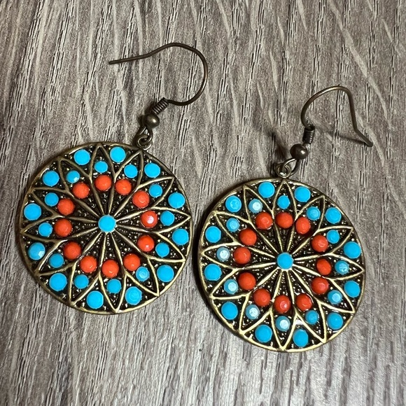 Vintage Boho Turquoise Medallion Dangle Earrings Southwest Festival - Picture 2 of 6